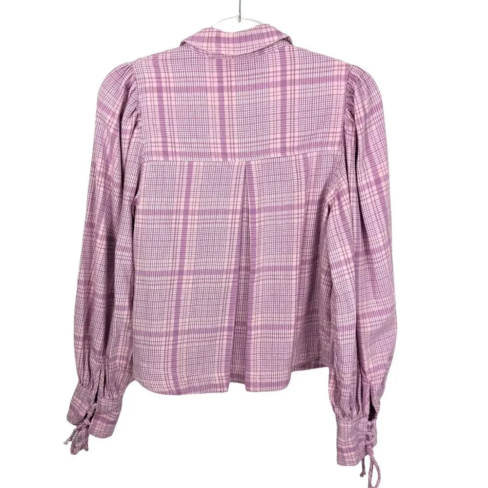 Free People We The Free Lilac Pink Plaid Puff Sleeve Cropped Flannel Top XS
